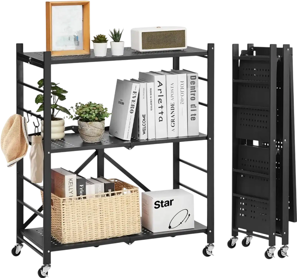 VEVOR 3-Tier Foldable Storage Shelf, 30W x 13D x 36H Inch Folding Metal Rack Shelving Unit, No Assembly Organizer Shelf with 5 Wheels & 4 Hooks for Pantry, Kitchen, Garage, Basement, Black