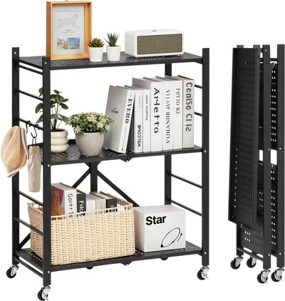 VEVOR 3-Tier Foldable Storage Shelf, 28W x 13D x 36H Inch Folding Metal Rack Shelving Unit, No Assembly Organizer Shelf with 5 Wheels & 4 Hooks for Pantry, Kitchen, Garage, Basement, Black