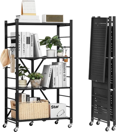VEVOR 4-Tier Foldable Storage Shelf, 26W x 13D x 46H Inch Folding Metal Rack Shelving Unit, No Assembly Organizer Shelf with 5 Wheels & 4 Hooks for Pantry, Kitchen, Garage, Basement, Black