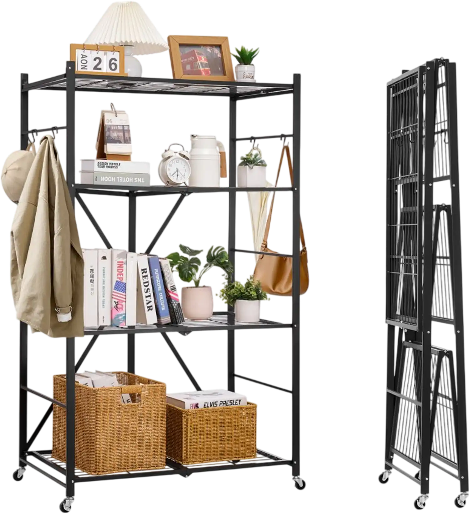 Vevor Storage Shelf 4-Tier Foldable Metal Rack with Wheels 36