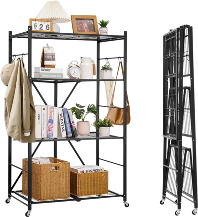 VEVOR 4-Tier Foldable Storage Shelf, 36W x 21D x 60H Inch Folding Metal Rack Shelving Unit, No Assembly Organizer Shelf with 5 Wheels & 4 Hooks for Pantry, Kitchen, Garage, Basement, Black
