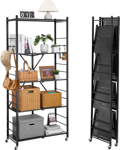 VEVOR 5-Tier Foldable Storage Shelf, 32W x 14D x 72H Inch Folding Metal Rack Shelving Unit, No Assembly Organizer Shelf with 5 Wheels & 4 Hooks for Pantry, Kitchen, Garage, Basement, Black