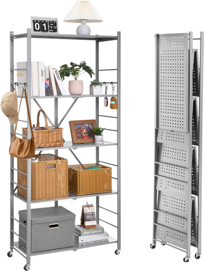 VEVOR 5-Tier Foldable Storage Shelf, 32W x 14D x 72H Inch Folding Metal Rack Shelving Unit, No Assembly Organizer Shelf with 5 Wheels & 4 Hooks for Pantry, Kitchen, Garage, Basement, Grey