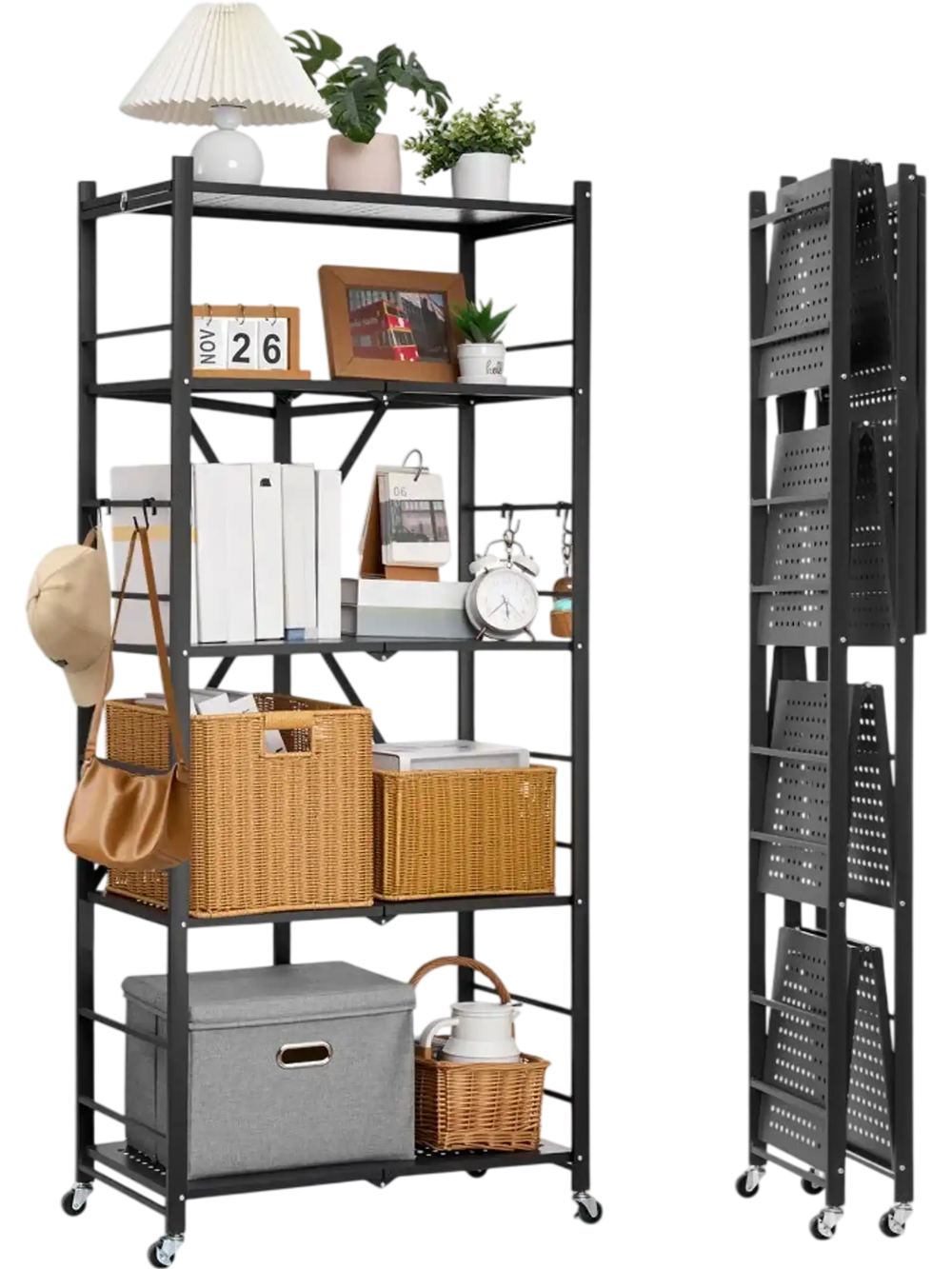 VEVOR 5-Tier Foldable Storage Shelf, 28W x 15D x 64H Inch Folding Metal Rack Shelving Unit, No Assembly Organizer Shelf with 5 Wheels & 4 Hooks for Pantry, Kitchen, Garage, Basement, Black