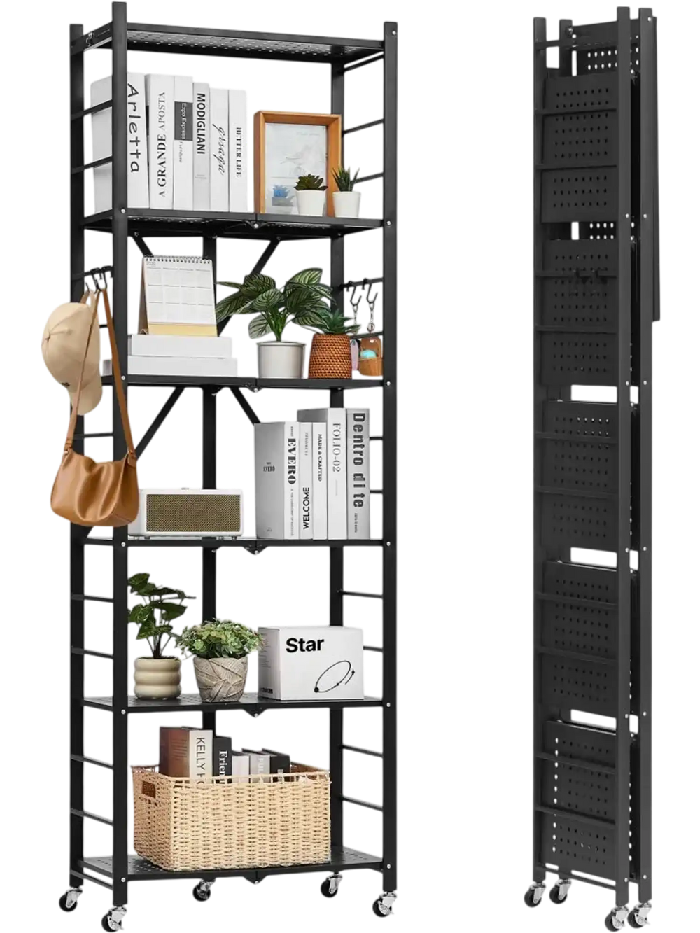 VEVOR 6-Tier Foldable Storage Shelf, 24W x 12D x 72H Inch Folding Metal Rack Shelving Unit, No Assembly Organizer Shelf with 5 Wheels & 4 Hooks for Pantry, Kitchen, Garage, Basement, Black