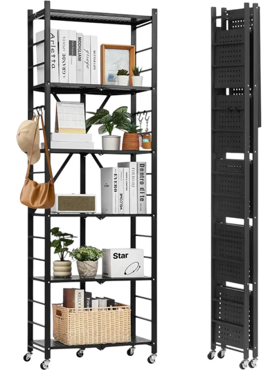 VEVOR 6-Tier Foldable Storage Shelf, 24W x 12D x 72H Inch Folding Metal Rack Shelving Unit, No Assembly Organizer Shelf with 5 Wheels & 4 Hooks for Pantry, Kitchen, Garage, Basement, Black