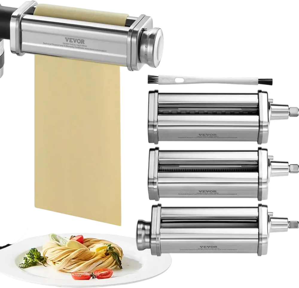 VEVOR Pasta Attachment for KitchenAid Stand Mixer, Stainless Steel Pasta Roller Cutter Set Including Pasta Sheet Roller, Spaghetti and Fettuccine Cutter, 8 Adjustable Thickness Knob Pasta Maker, 3Pcs