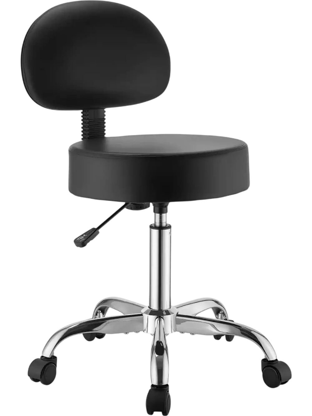 VEVOR Rolling Stool with Back Support, 500 lbs Weight Capacity, Height Adjustable, Thick Cushion Ergonomic PU Leather Seat, 360° Swivel Round Rolling Stool Chair for Salon, Clinic, Medical, Black