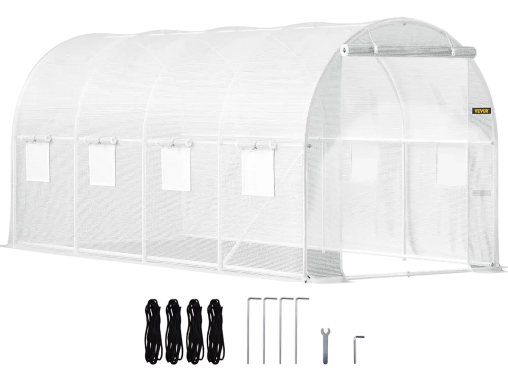 VEVOR 15 x 6.5 x 7 ft Walk-in Tunnel Greenhouse, Portable Plant Hot House with Galvanized Steel Hoops, 1 Top Beam, Diagonal Poles, Zippered Door & 8 Roll-up Windows, White