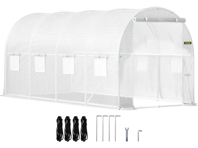 VEVOR 15 x 6.5 x 7 ft Walk-in Tunnel Greenhouse, Portable Plant Hot House with Galvanized Steel Hoops, 1 Top Beam, Diagonal Poles, Zippered Door & 8 Roll-up Windows, White