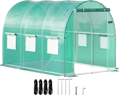 VEVOR Walk-in Tunnel Greenhouse, 9.8 x 6.6 x 6.6 ft Portable Plant Hot House with Galvanized Steel Hoops, 1 Top Beam, Diagonal Poles, Zippered Door & 6 Roll-up Windows, Green