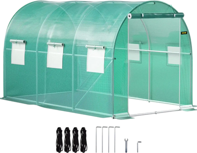 VEVOR 12 x 7 x 7 ft Walk-in Tunnel Greenhouse, Portable Plant Hot House with Galvanized Steel Hoops, 1 Top Beams, 2 Diagonal Poles, 1 Zippered Door & 6 Roll-up Windows, Green