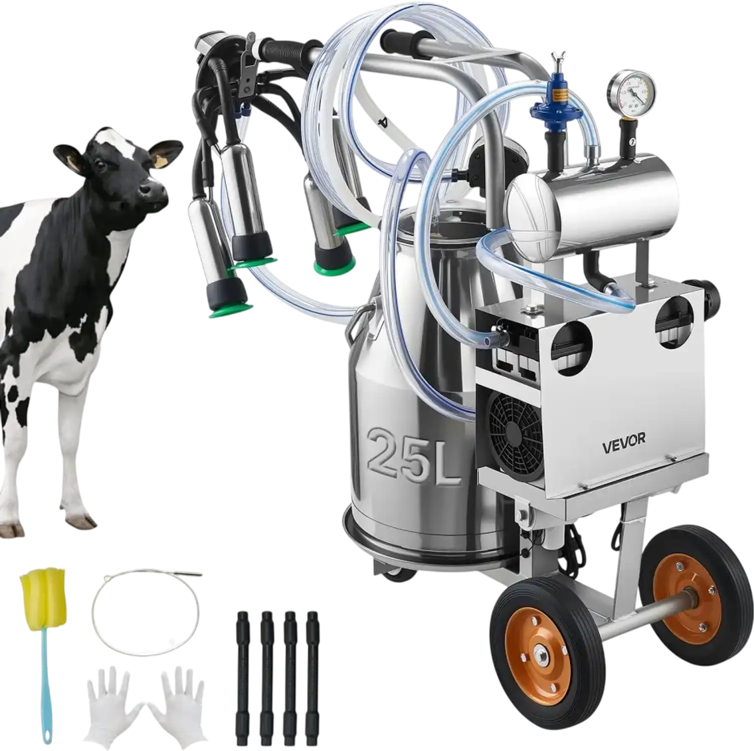 Vevor Milking Machine Electric Cow Milker 6.6 Gal 25 L Stainless Steel Bucket New