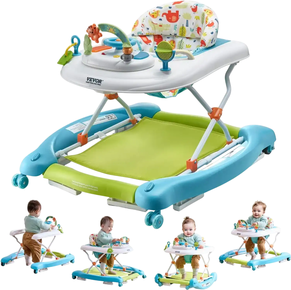 VEVOR 4-in-1 Baby Walker, Foldable Baby Activity Center on Wheels, 3 Adjustable Height, Music & Toys Tray, Learning-Seated | Walk-Behind | Rocker | Bouncer Toddler Walker for Girls Boys 6-24 Months
