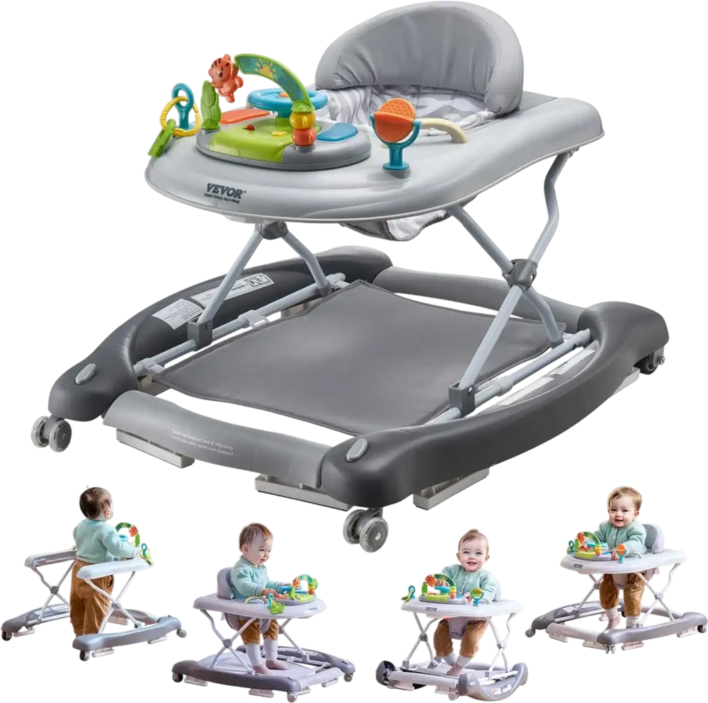 VEVOR 4-in-1 Baby Walker, Foldable Baby Activity Center on Wheels, 3 Adjustable Height, Music & Toys Tray, Learning-Seated | Walk-Behind | Rocker | Bouncer Toddler Walker for Girls Boys  6-24 Months