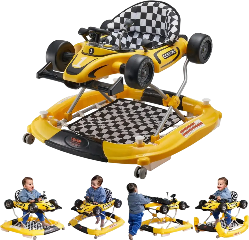 VEVOR 4-in-1 Baby Walker, Foldable Baby Activity Center on Wheels, Adjustable Height, Light, Steering Wheel, Toy Car | Learning-Seated | Walk-Behind | Rocker Toddler Walker for 6-24 Month Boys Girls