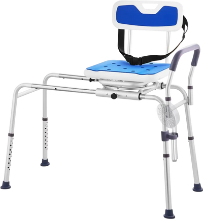 VEVOR Sliding Tub Transfer Bench with 360 Degree Swivel Seat, Height Adjustable Bathtub Transfer Bench with Armrest & Safety Belt, Non-Slip Rotating Shower Chair for Elderly Disabled, 400LBS Capacity