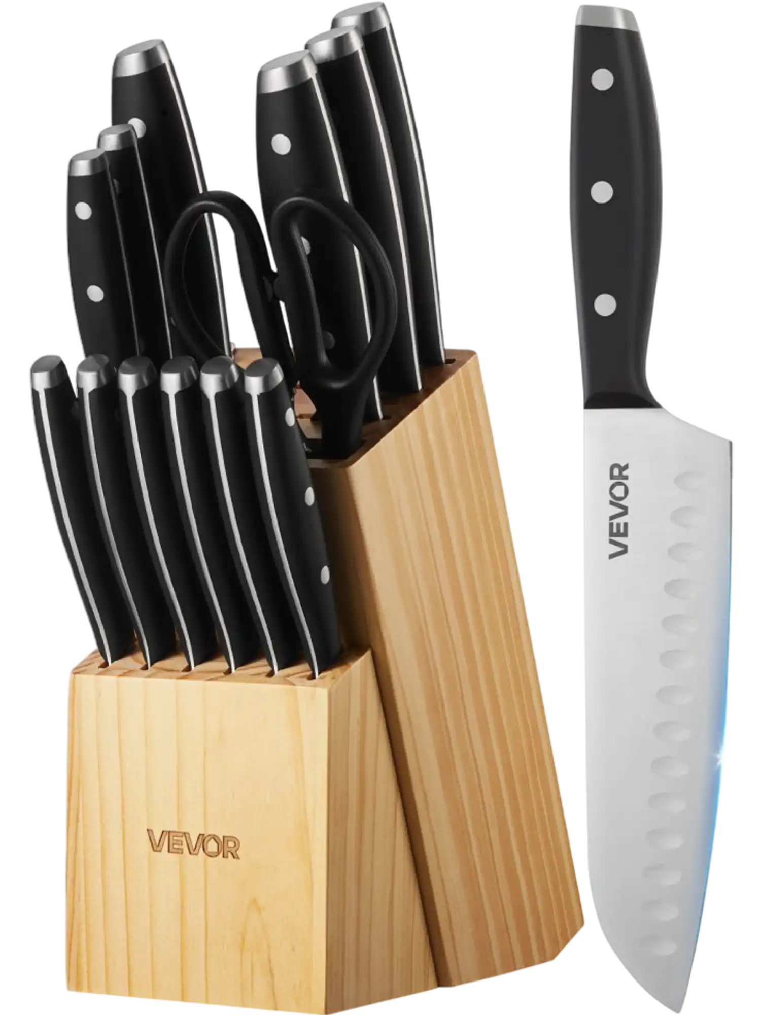 Vevor Knife Set 15-Piece Kitchen Cutlery with Block and Sharpener New