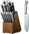 VEVOR Kitchen Knife Set with Block and Sharpener, 15 Piece German High Carbon Stainless Steel  Sharp Knife Set, Kitchen Cutlery with Ergonomic Handle, Sharpening Rod and Wooden Block, for Home Cooks