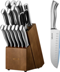 VEVOR Kitchen Knife Set with Block and Sharpener, 15 Piece German High Carbon Stainless Steel  Sharp Knife Set, Kitchen Cutlery with Ergonomic Handle, Sharpening Rod and Wooden Block, for Home Cooks