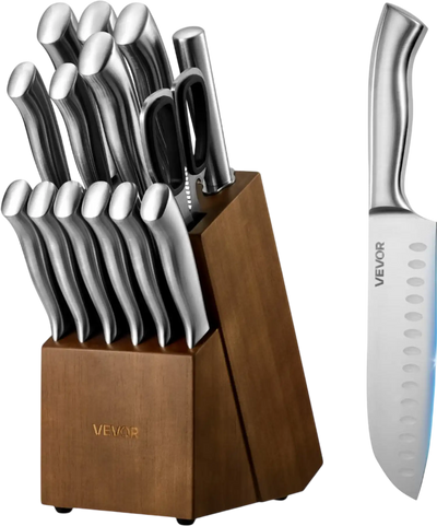 VEVOR Kitchen Knife Set with Block and Sharpener, 15 Piece German High Carbon Stainless Steel  Sharp Knife Set, Kitchen Cutlery with Ergonomic Handle, Sharpening Rod and Wooden Block, for Home Cooks