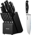 VEVOR Kitchen Knife Set with Block and Sharpener, 15 Piece High Carbon Stainless Steel Sharp Knife Set, Kitchen Cutlery with Crack-Resistant Handle, Sharpening Rod and Wooden Block, for Home Cooks