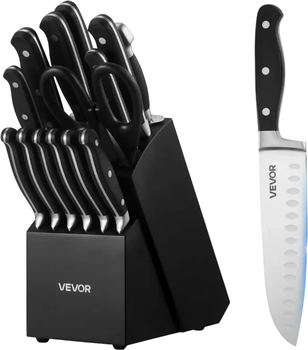 VEVOR Kitchen Knife Set with Block and Sharpener, 15 Piece High Carbon Stainless Steel Sharp Knife Set, Kitchen Cutlery with Crack-Resistant Handle, Sharpening Rod and Wooden Block, for Home Cooks