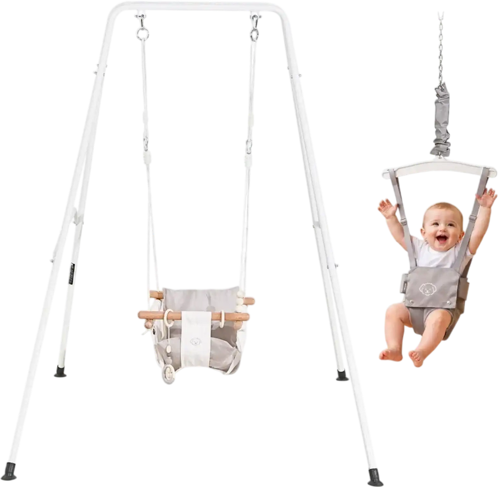 VEVOR Toddler Swing and Jumper, 2 in 1 Swing Set and Bouncer, Soft Cushion with Foldable A-Frame Metal Stand, Heavy-Duty Thick Ropes, Easy to Install and Store, for Indoor or Outdoor Play, Gray