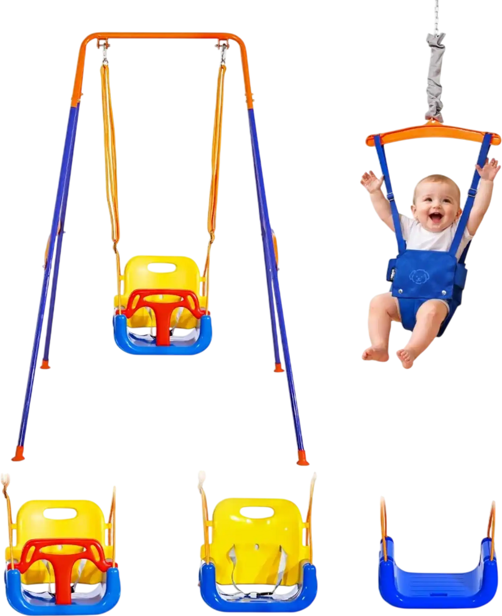 VEVOR Toddler Swing and Jumper, 2 in 1 Swing Set and Bouncer, Thick Plastic Seat with Foldable A-Frame Metal Stand, Reinforced with 4 Sandbags, Easy to Install and Store, for Indoor or Outdoor Play