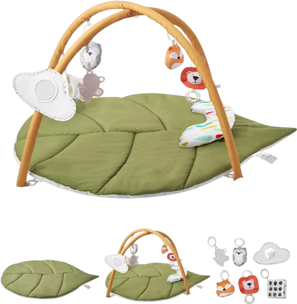 VEVOR Baby Play Gym Mat, Baby Activity Mat with 6 Sensory Toys, Oversize Leaf-Shaped Tummy Time Mat for 0-18 Months Newborn Infant, Baby Essential Gift for Motor Skills & Early Cognitive Development