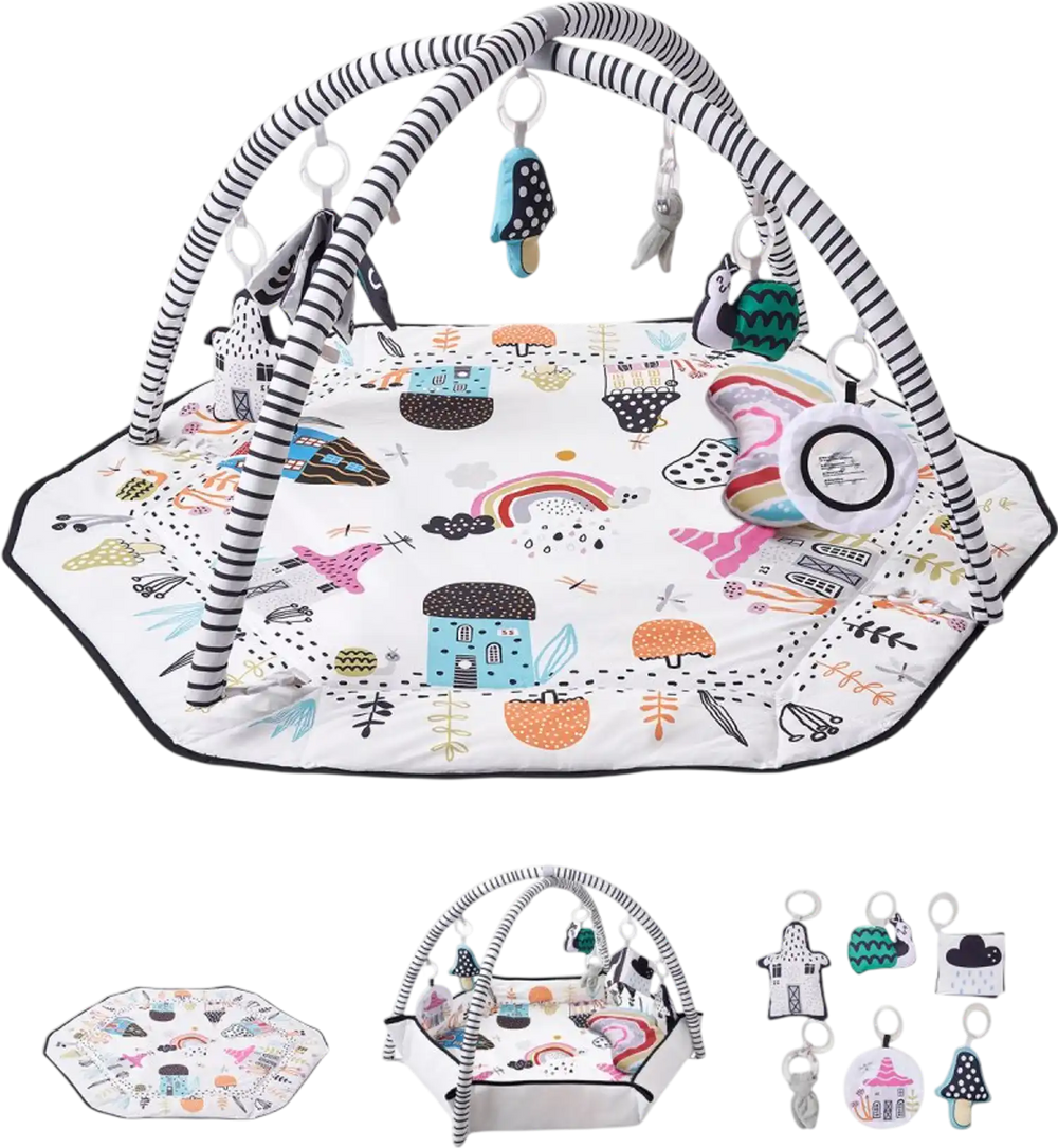 VEVOR Baby Play Gym Mat, Tummy Time Mat with 6 Detachable Sensory Toys, 41.7" x 41.7" Large-Sized Baby Newborn Activity Mat with Fold-up Sides & Soft Fabric for Sensory and Motor Skill Development