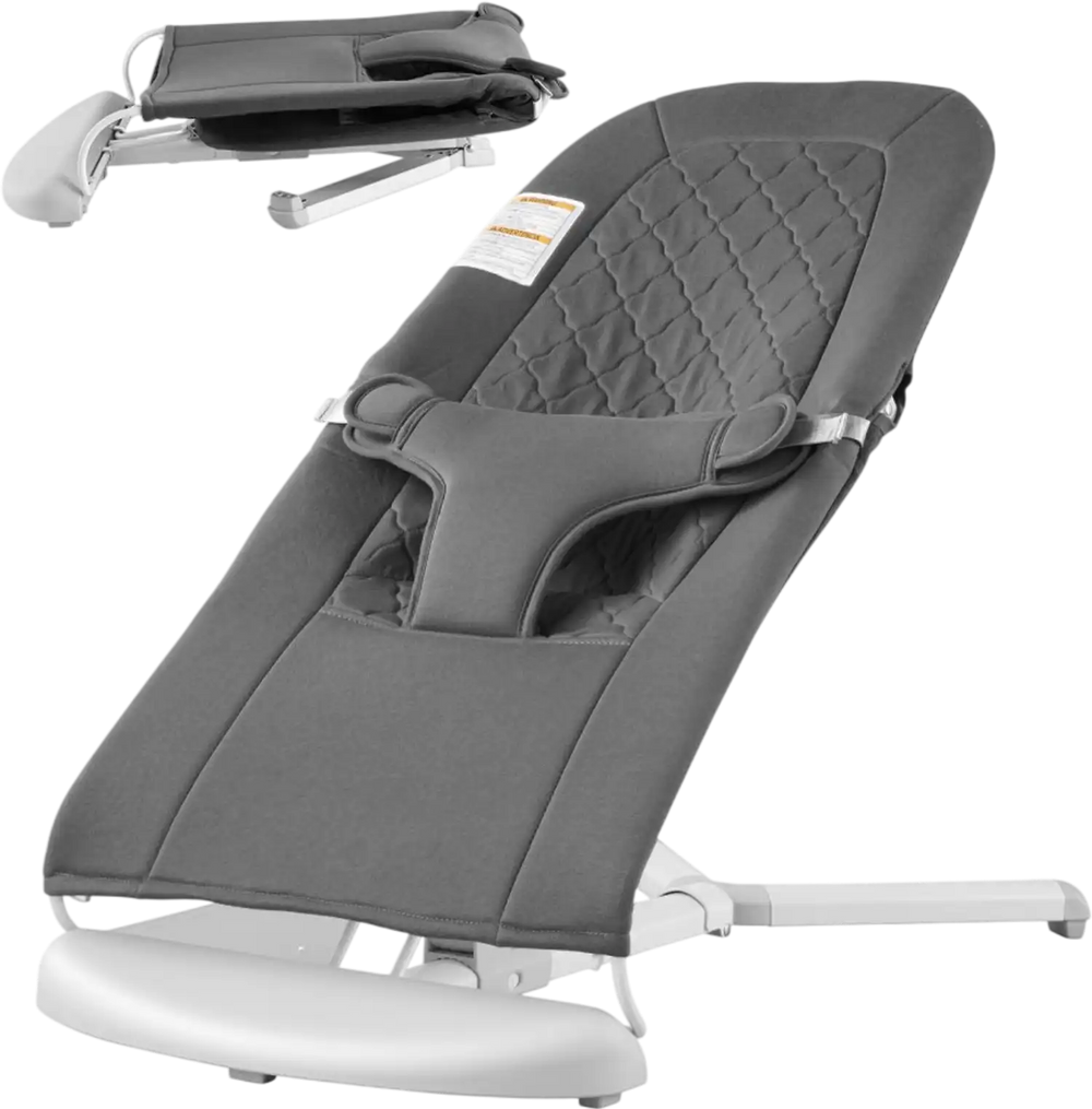 VEVOR Baby Bouncer, Folding Bouncer Seat for Babies 0-9 Months, Newborn Bouncer Chair with 2 Reclining Angles & 3-Point Harness, Portable Infant Rocker with Carrying Bag for Indoor Outdoor, Dark Gray
