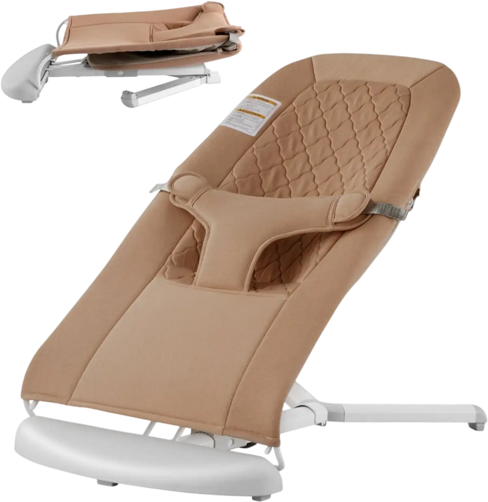 VEVOR Baby Bouncer, Folding Bouncer Seat for Babies 0-9 Months, Newborn Bouncer Chair with 2 Reclining Angles & 3-Point Harness, Portable Infant Rocker with Carrying Bag for Indoors Outdoors, Camel