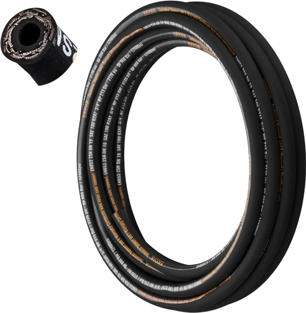 VEVOR Hydraulic Hose 3/4 inch x 50 ft, Coiled Hydraulic Hose 3120 PSI, Rubber Hydraulic Hose with 2 High-Tensile Steel Wire Braid, Bulk Hydraulic Hose -20℃ to 140℃, Hydraulic Oil Flexible Hose