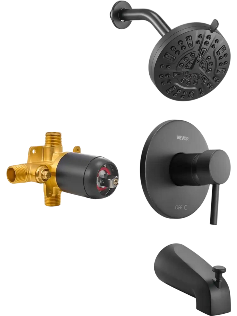 VEVOR Tub and Shower Faucet Set, Complete with 5-Inch Rainfall Shower Head and Bathtub Spout, 8-Setting Adjustable Spray, Single-Handle Tub Trim Kit with Brass Pressure Balancing Valve, Matte Black