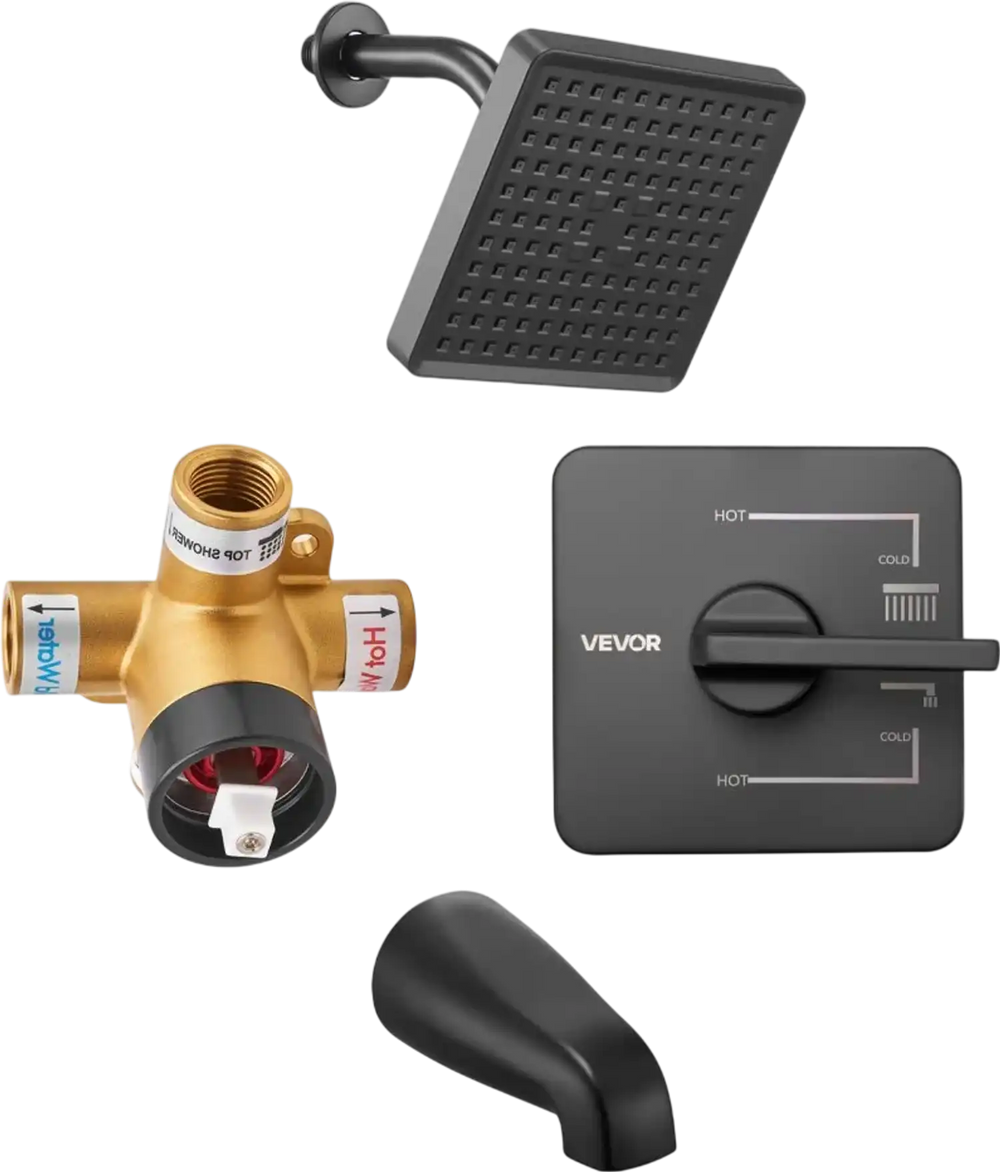 VEVOR Tub and Shower Faucet Set, Complete with 6-Inch Rainfall Shower Head and Bathtub Spout, Single-Spray Single-Handle Tub Trim Kit with 304 Stainless Steel Valve Trim for Bathrooms, Matte Black