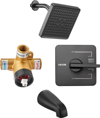 VEVOR Tub and Shower Faucet Set, Complete with 6-Inch Rainfall Shower Head and Bathtub Spout, Single-Spray Single-Handle Tub Trim Kit with 304 Stainless Steel Valve Trim for Bathrooms, Matte Black