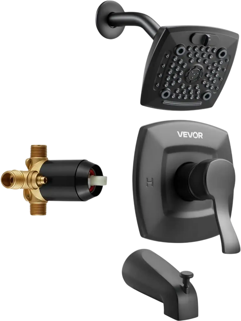 VEVOR Tub and Shower Faucet Set, Complete with 5.1-Inch Rainfall Shower Head and Bathtub Spout, 5-Setting Adjustable Spray, Single-Handle Tub Trim Kit with Brass Pressure Balancing Valve, Matte Black