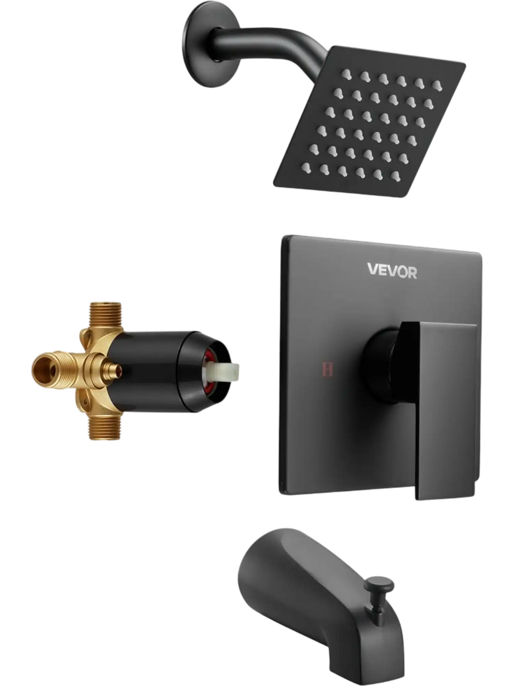 VEVOR Tub and Shower Faucet Set, Complete with 4-Inch Rainfall Shower Head and Bathtub Spout, Single-Spray Single-Handle Tub Trim Kit with 304 Stainless Steel Valve Trim for Bathrooms, Matte Black
