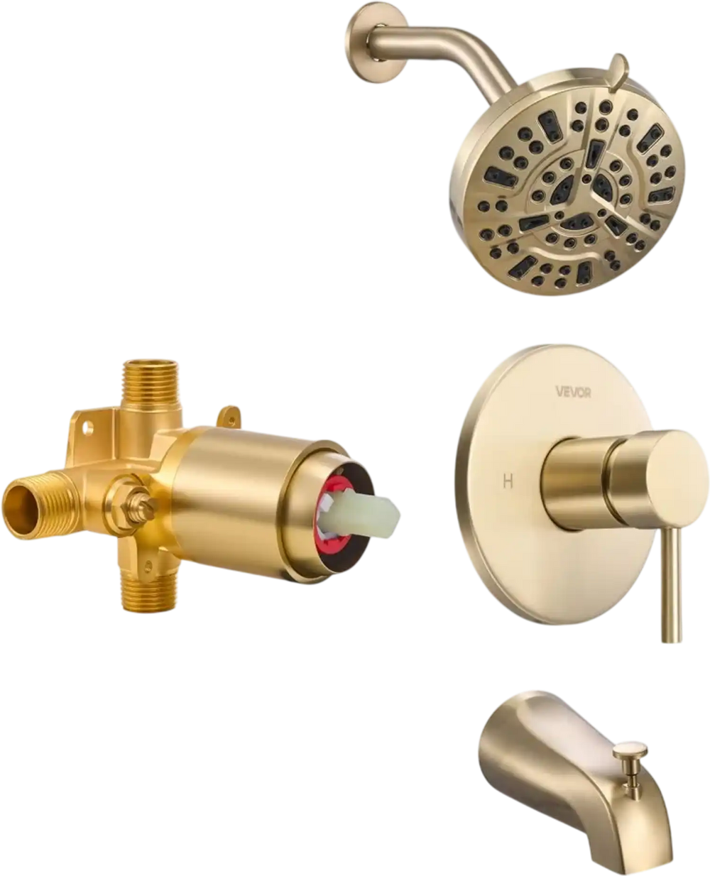 VEVOR Tub and Shower Faucet Set, Complete with 5-Inch Rainfall Shower Head and Bathtub Spout, 8-Setting Adjustable Spray, Single-Handle Tub Trim Kit with Brass Pressure Balancing Valve, Gold Finish