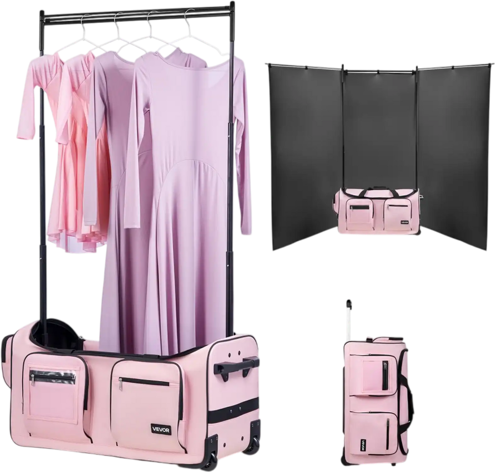 VEVOR Dance Bag with Garment Rack, 29 Inch Rolling Dance Duffel, with Wheels, USB Port, Height Adjustable Clothes Rack, Privacy Protection Curtain, Ideal for Travel and Competitions, Matte Pink