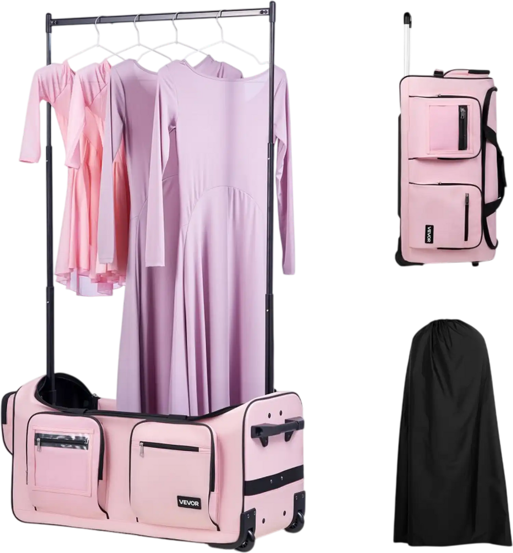 VEVOR Dance Bag with Garment Rack, 29 Inch Rolling Dance Duffel, with Wheels, Height Adjustable Clothes Rack, USB Port, Privacy Protection Curtain, Ideal for Travel and Competitions, Matte Pink
