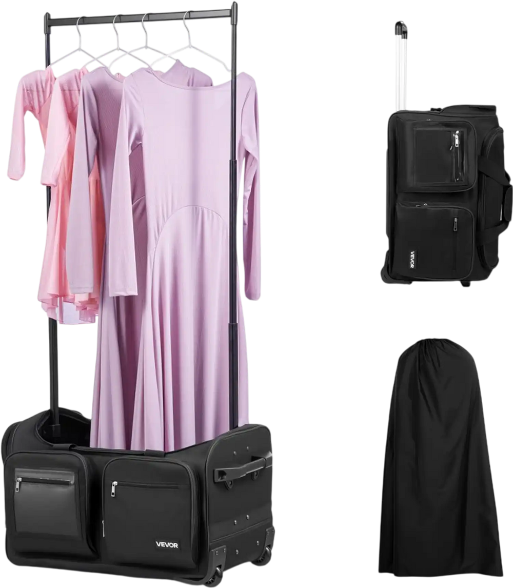 VEVOR Dance Bag with Garment Rack, 23 Inch Rolling Dance Duffel, with Wheels, USB Port, Height Adjustable Clothes Rack, Privacy Protection Curtain, Ideal for Travel and Competitions, Matte Black