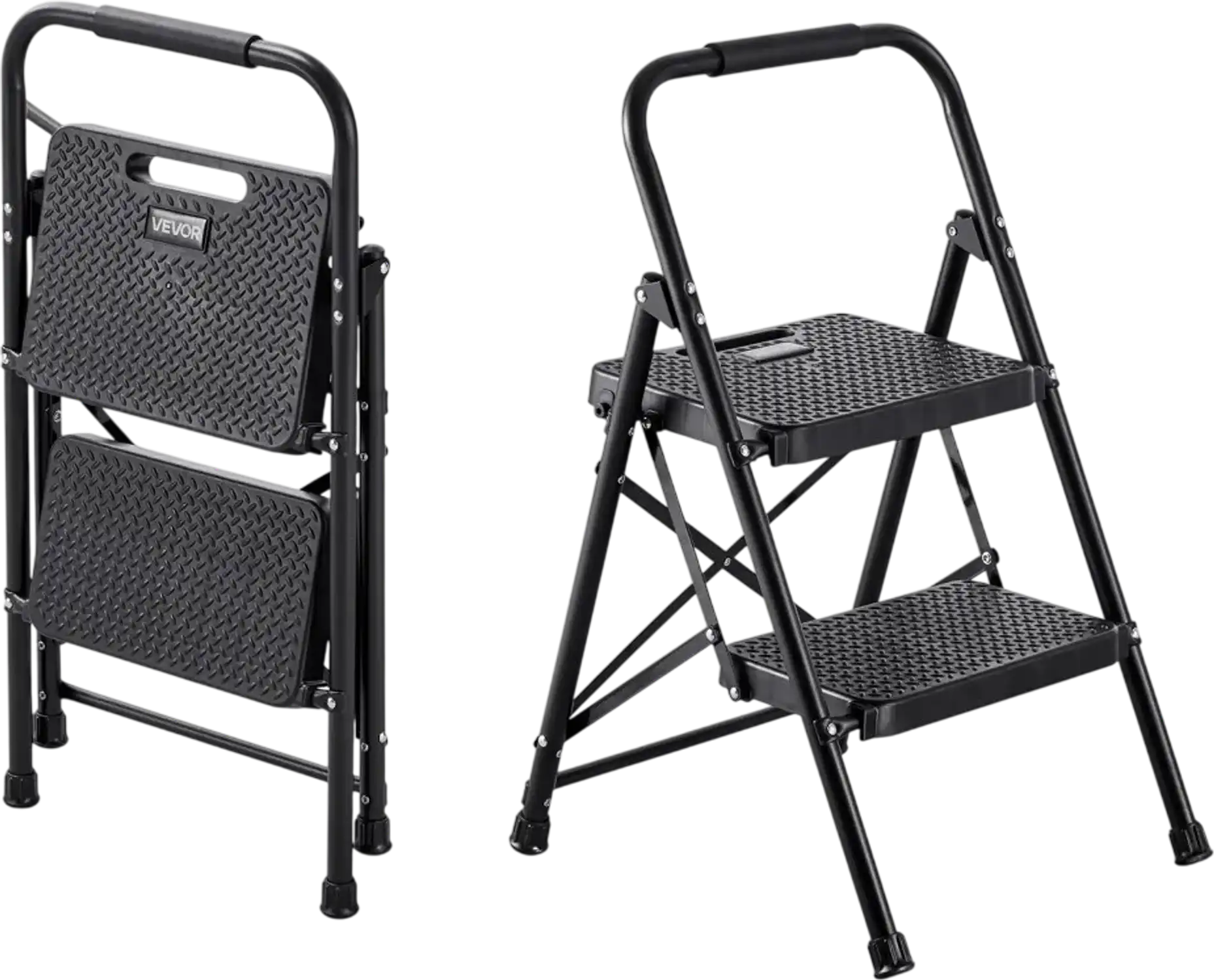 Vevor Step Ladder 2-Step Folding Steel Step Stool with Anti-Slip Pedal and Handgrip Black New