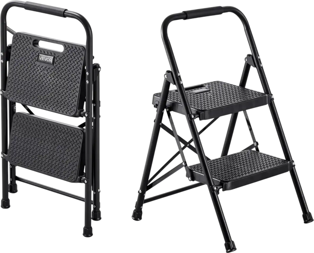 VEVOR 2 Step Ladder, Folding Step Stool with Wide Anti-Slip Pedal and Comfort Handgrip, Lightweight 600 lbs Capacity Portable Steel Ladder, Multi-Use for Kitchen, Home, Household and Office, Black