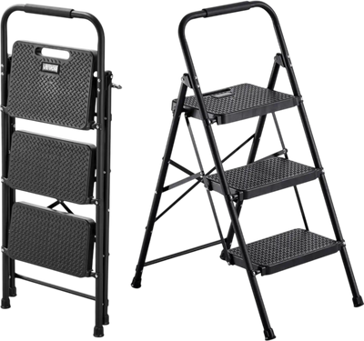VEVOR 3 Step Ladder, Folding Step Stool with Wide Anti-Slip Pedal and Comfort Handgrip, Lightweight 600 lbs Capacity Portable Steel Ladder, Multi-Use for Kitchen, Home, Household and Office, Black