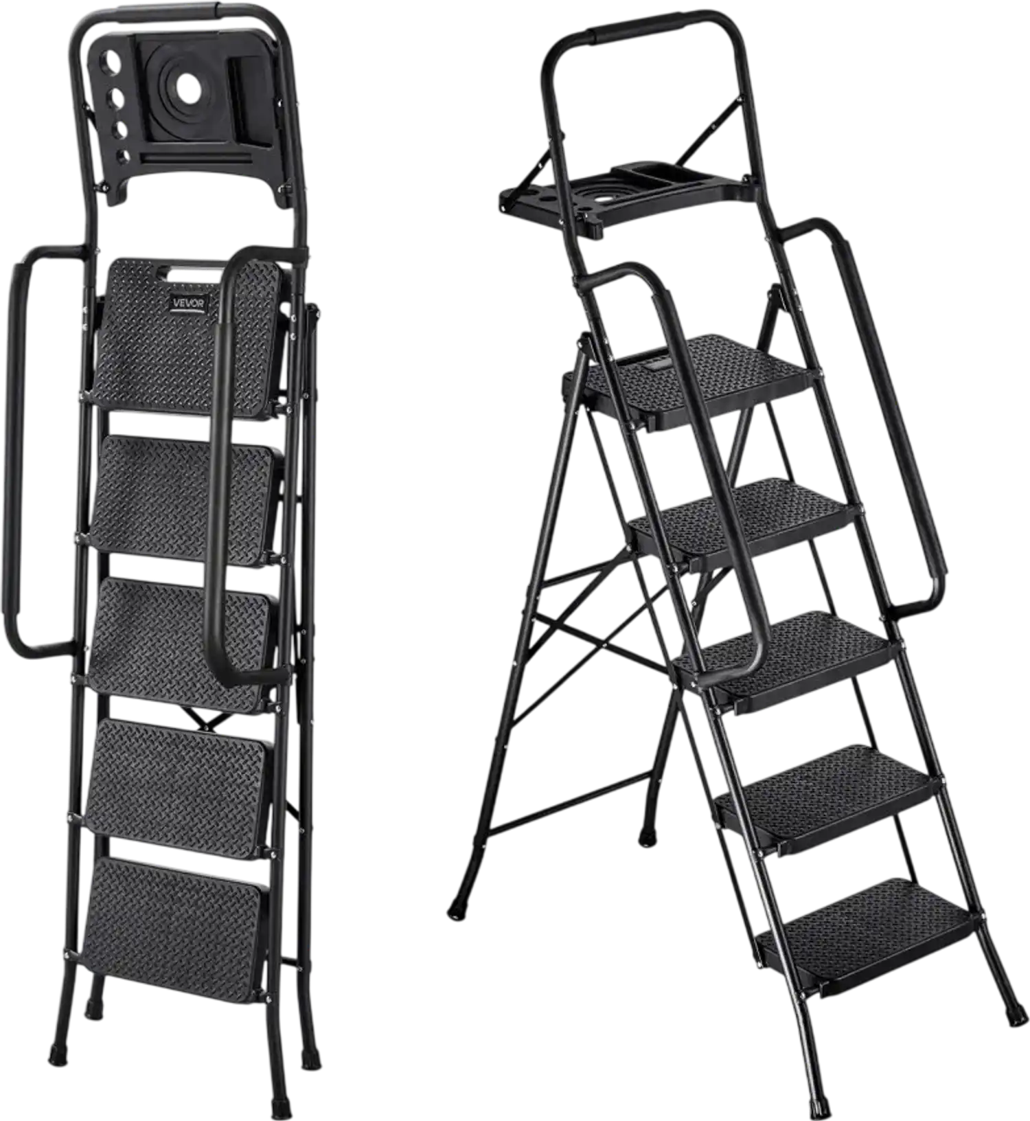 Vevor Step Ladder 5-Step Folding Step Stool with Tool Tray and Dual Handrails Black New