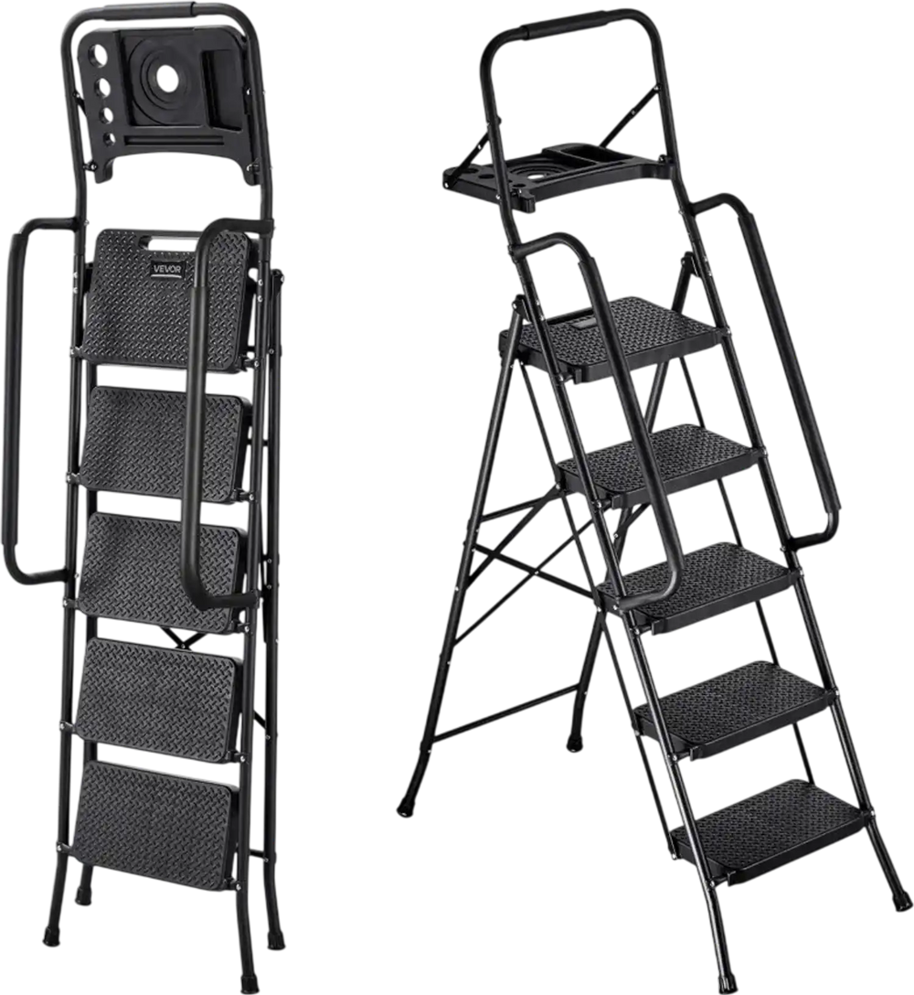VEVOR 5 Step Ladder, Folding Step Stool with Wide Anti-Slip Pedal, Tool Tray, Dual Side Handrails, 600 lbs Capacity Portable Steel Ladder, Multi-Use for Kitchen, Home, Household and Office, Black