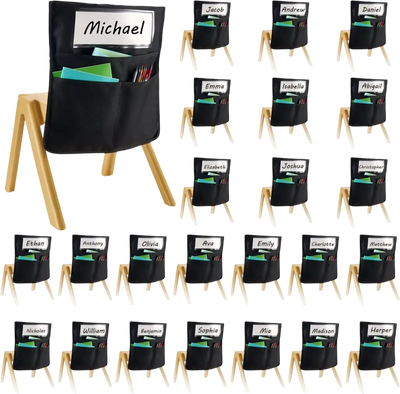 VEVOR Chair Pockets for Classroom, 24 Pack, 14 x 15 Inches Chairback Buddy Pocket with Name Tag, Back of Chair Organizer for Kids in Classroom, Kindergarten, School, and Home, Black