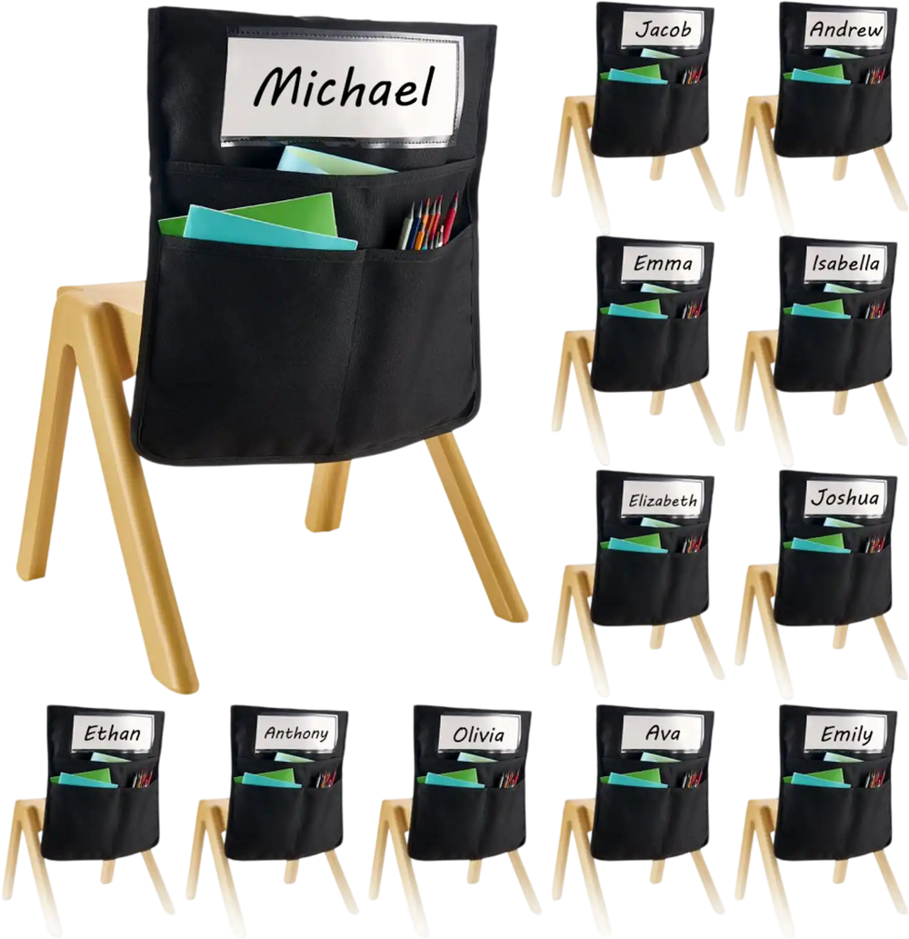 VEVOR Chair Pockets for Classroom, 12 Pack, 18 x 20 Inches Chairback Buddy Pocket with Name Tag, Back of Chair Organizer for Kids in Classroom, Kindergarten, School, and Home, Black